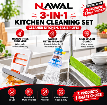 3-in-1 Kitchen Cleaning Set...Mini Mop + Sink Splash Guard + Tap Shower