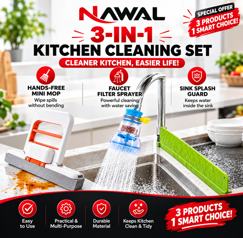 3-in-1 Kitchen Cleaning Set...Mini Mop + Sink Splash Guard + Tap Shower